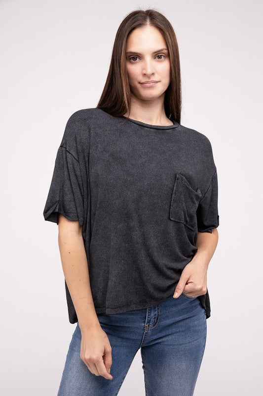 Washed Ribbed Cuffed Short Sleeve Round Neck Top