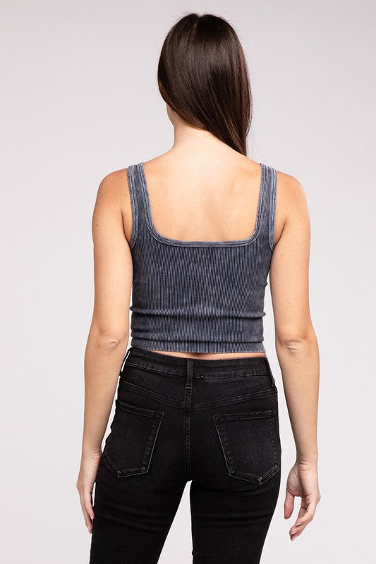 2 Way Neckline Washed Ribbed Cropped Tank Top