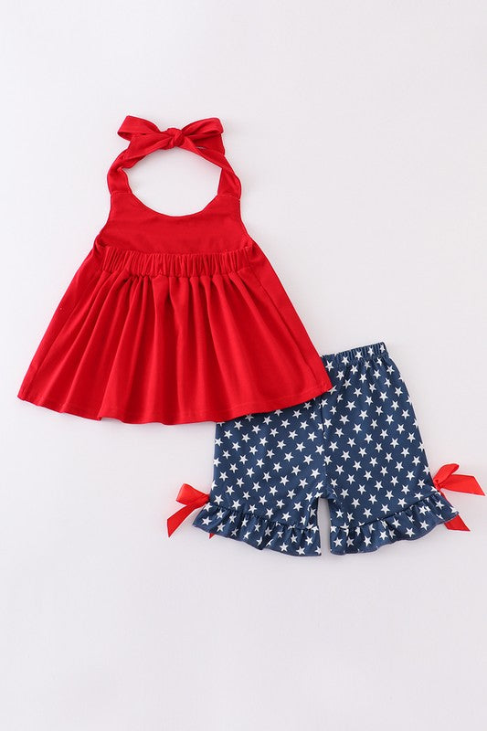 Red patriotic flag applique girl set