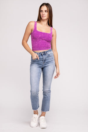 2 Way Neckline Washed Ribbed Cropped Tank Top