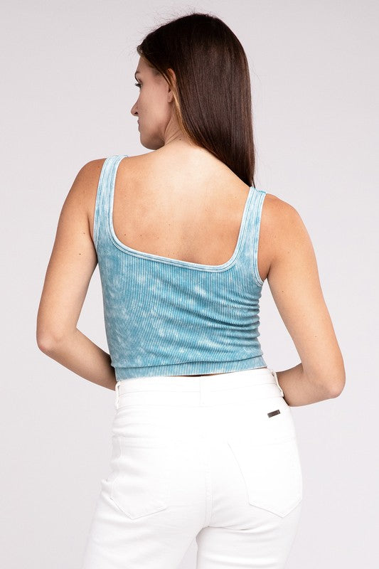 2 Way Neckline Washed Ribbed Cropped Tank Top