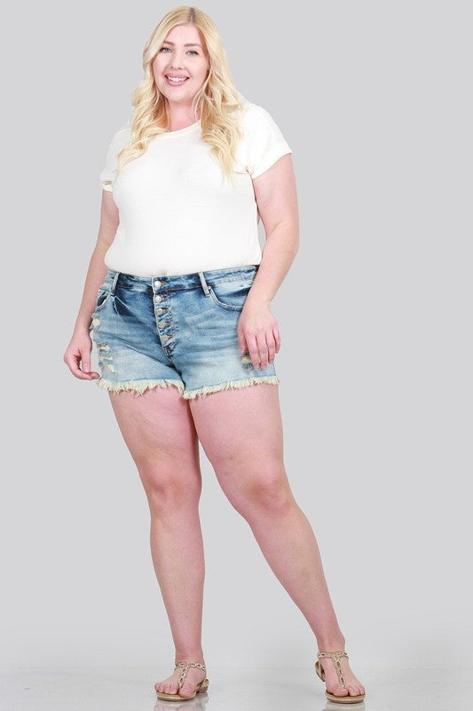 DISTRESSED MID RISE SHORTS WITH BUTTON FLY