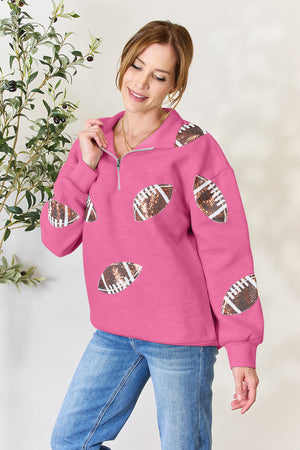 Full Size Sequin Football Half Zip Long Sleeve Sweatshirt