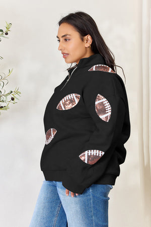 Full Size Sequin Football Half Zip Long Sleeve Sweatshirt