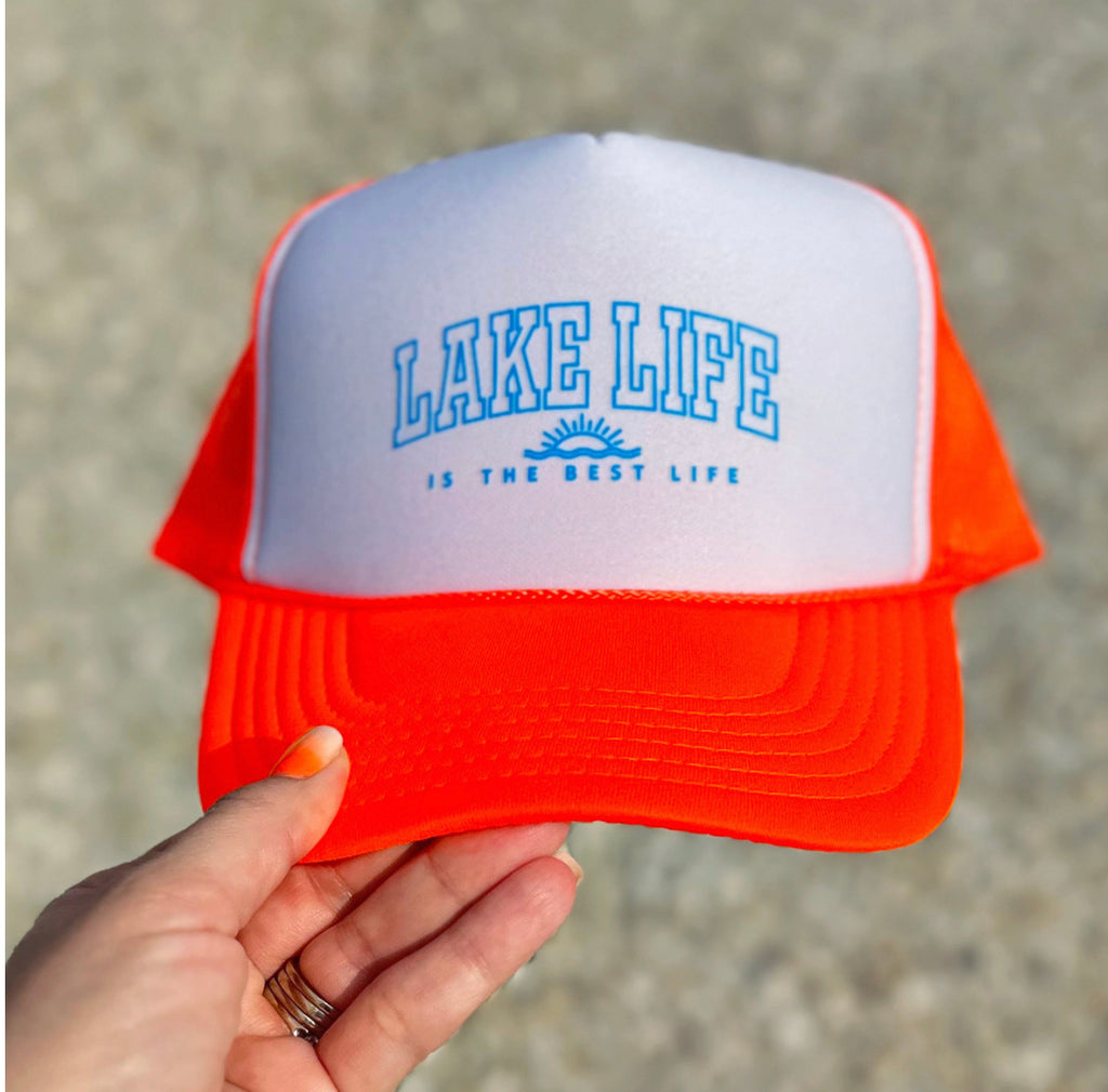 Lake Life Is The Best Life Neon Orange Puff Print Trucker Hat