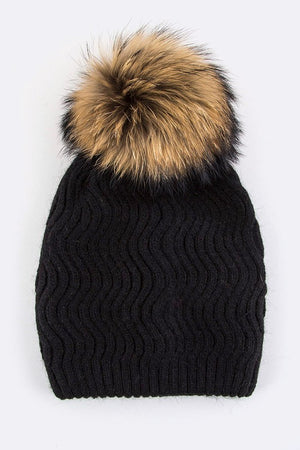 Raccoon Fur PomPom Chevron Knit Beanie