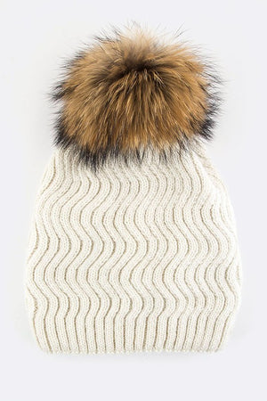 Raccoon Fur PomPom Chevron Knit Beanie