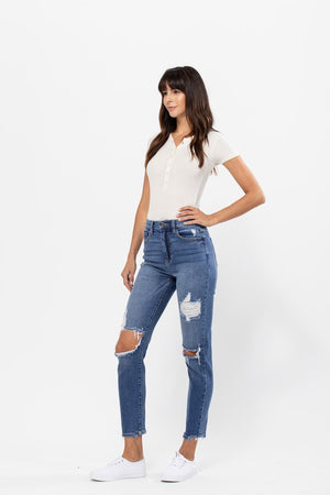 BECKY HIGH RISE 90'S SKINNY JEANS WITH DESTROYED KNEES