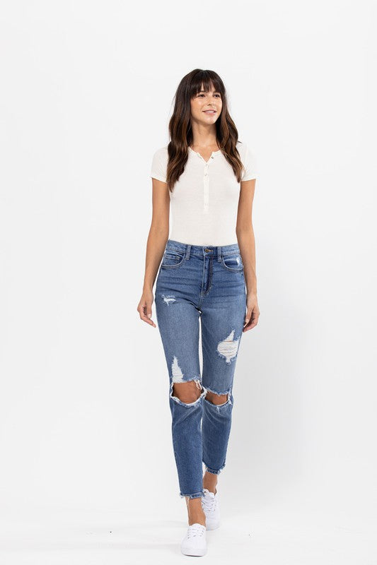 BECKY HIGH RISE 90'S SKINNY JEANS WITH DESTROYED KNEES