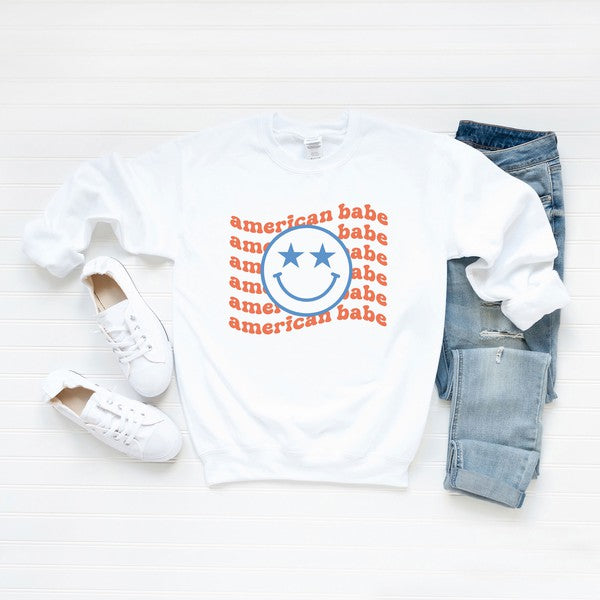 American Babe Smiley Face Wavy Graphic Sweatshirt