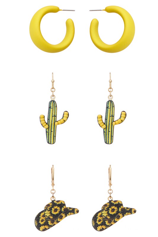 3 Sets of Cactus & Cowgirl Earrings