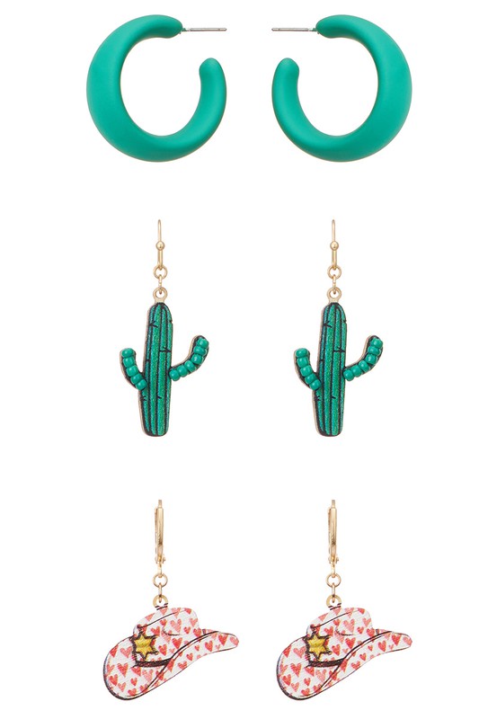 3 Sets of Cactus & Cowgirl Earrings