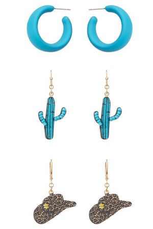 3 Sets of Cactus & Cowgirl Earrings