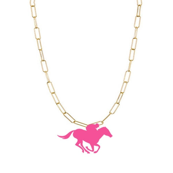 Gold Rhonda Necklace with Hot Pink Derby Horse